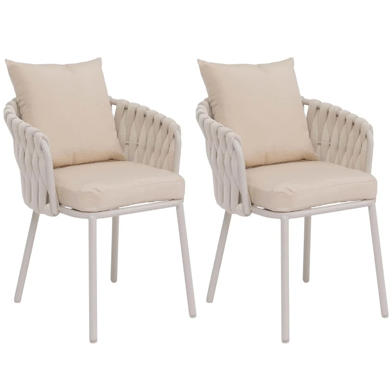 Lot de 2 chaises de jardin aluminium et corde tressée structure aluminium thermolaqué crème et coussins 04_0008732