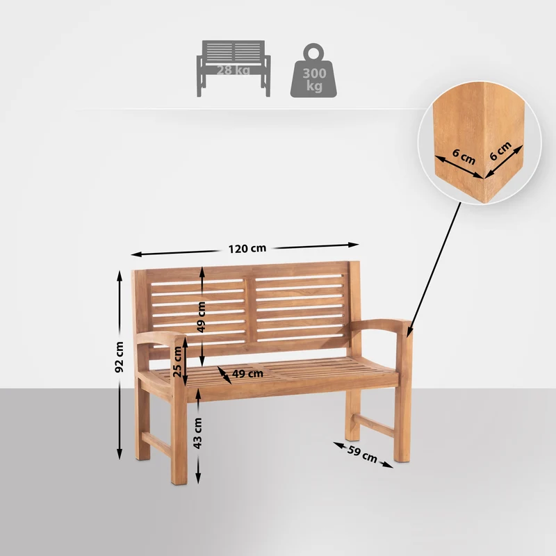 Banc de jardin dossier à lattes droites 120 cm en bois de teck avec accoudoirs – Housse de protection incluse 10_0007985