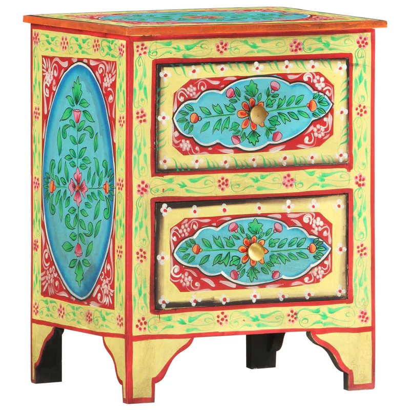 Table de chevet peinte à la main avec deux tiroirs 40 x 30 x 50 cm bois de manguier multicolore DEC034545