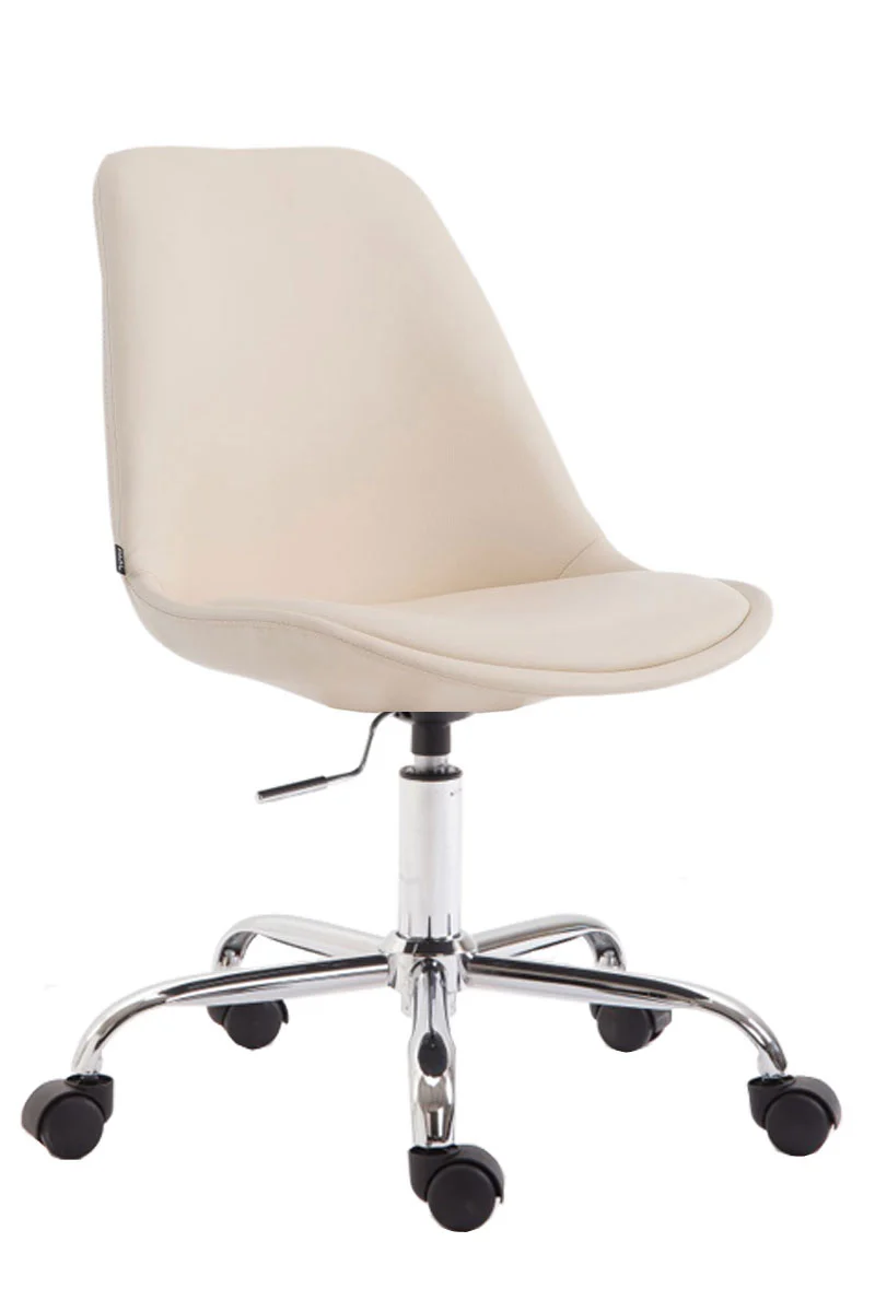 Chaise de bureau tabouret de travail sur roulettes hauteur réglable en PVC crème et métal chromé 10_0002682