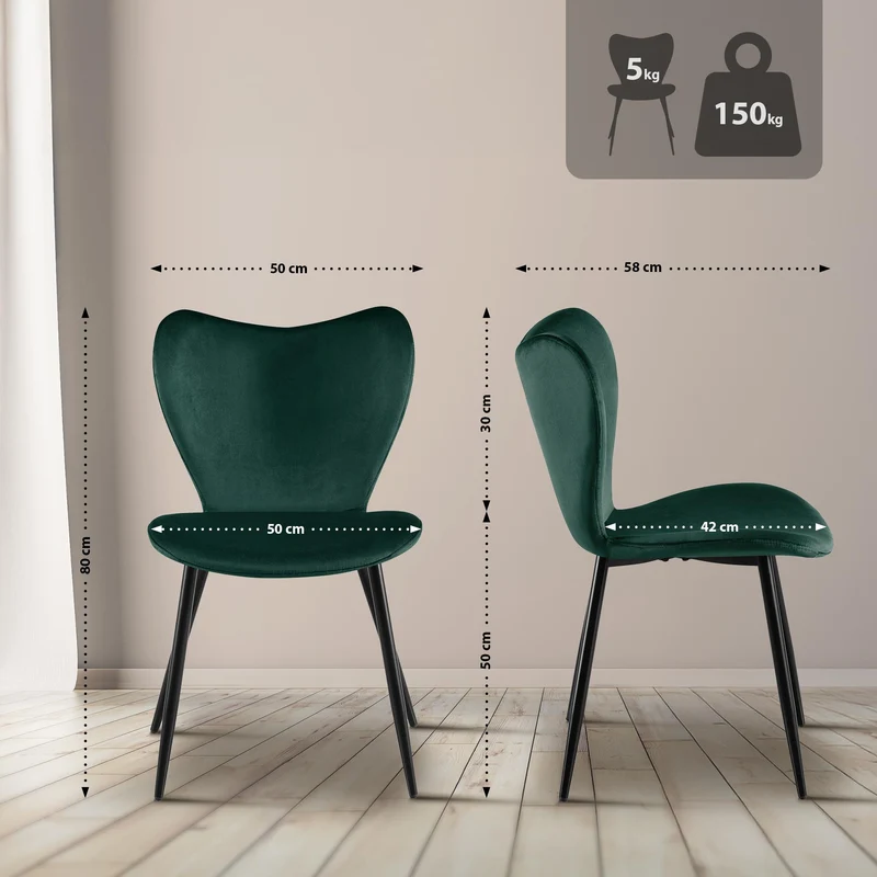 Chaise de salle à manger x1 dossier forme arrondie en papillon en velours vert cadre à quatre pieds en métal noir 10_0007524