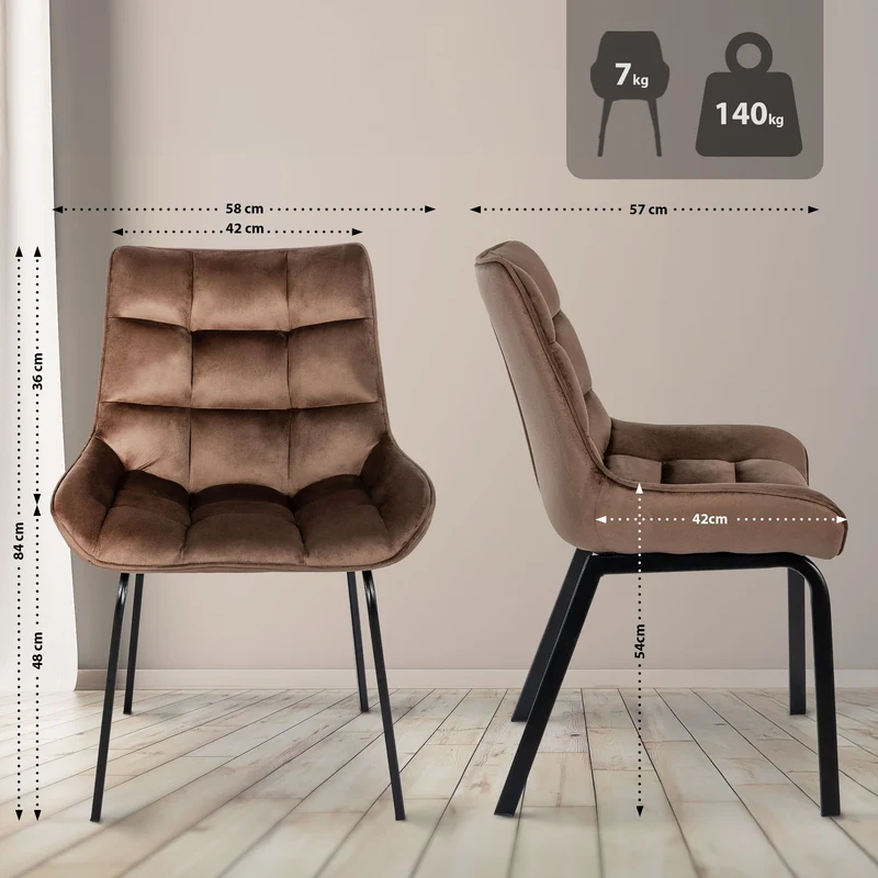 Chaise de salle à manger x1 en velours marron généreusement rembourrée piètement en métal noir 10_0007477