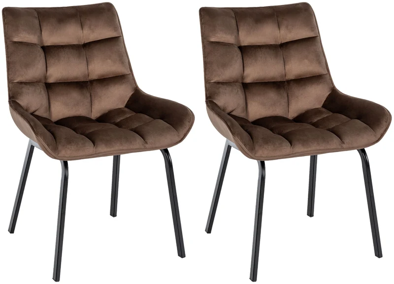 Lot de 2 chaises de salle à manger en velours marron généreusement rembourrée piètement en métal noir 10_0007681