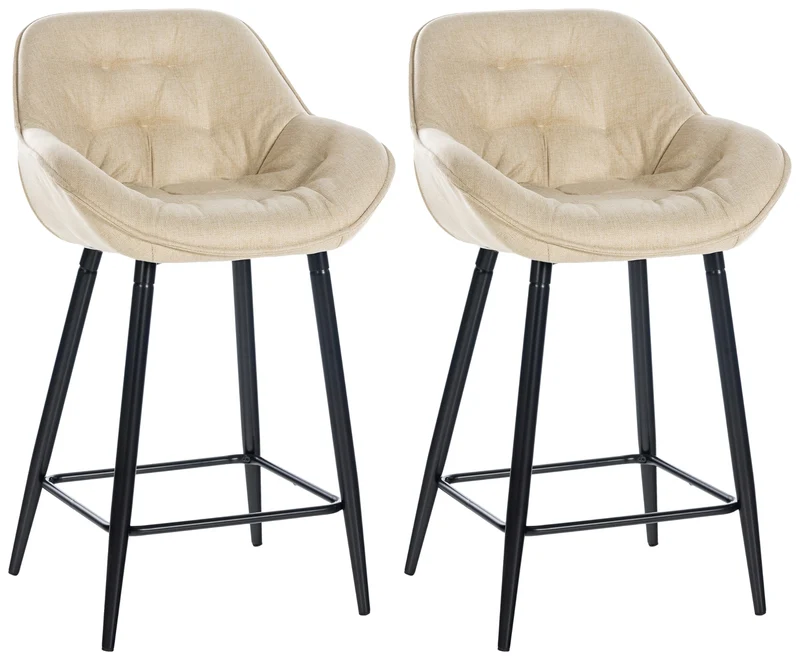 Lot de 2 tabourets de bar chaises hautes assise effet capitonnée en tissu crème et métal noir 10_0004167