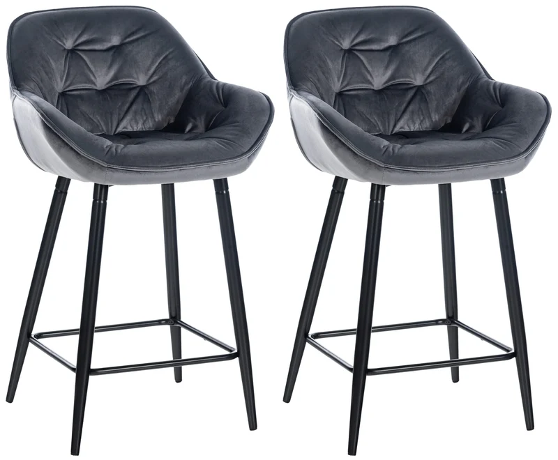 Lot de 2 tabourets de bar chaises hautes assise effet capitonnée en velours gris foncé et métal noir 10_0004161