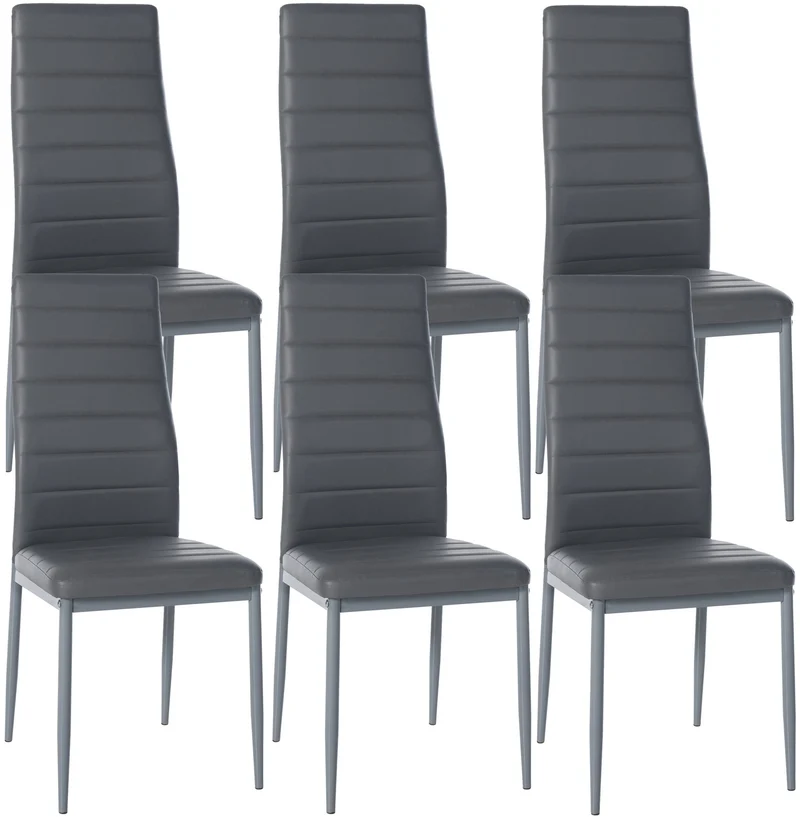 Lot de 6 chaises de salle à manger design simple en synthétique gris avec couture cadre en métal noir CDS10295