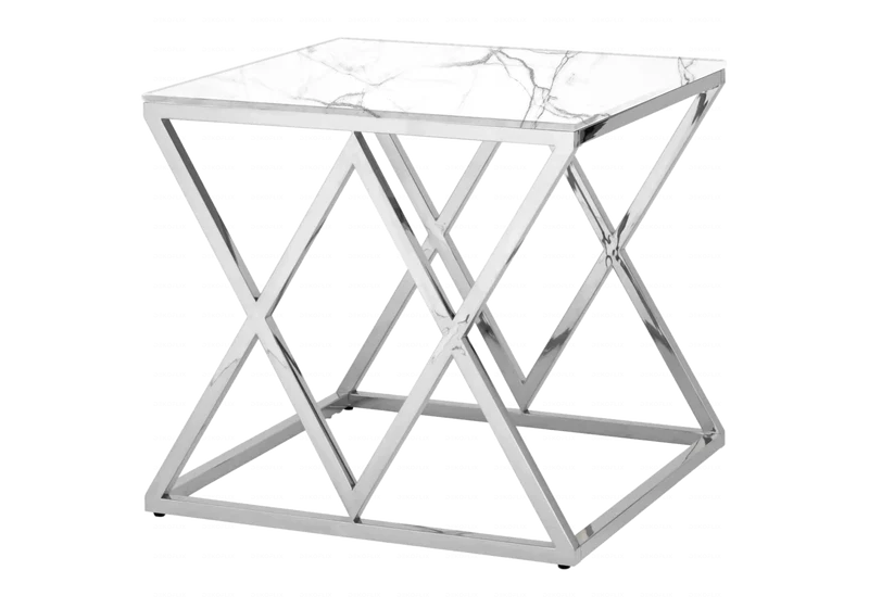 Bout de canapé marbre blanc argent design - Erly
