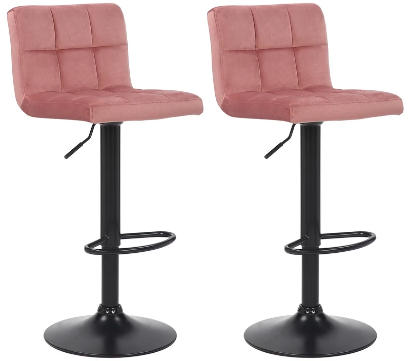 Lot de 2 tabourets de bar en velours rose coutures décoratives piètement métal noir 10_0006070
