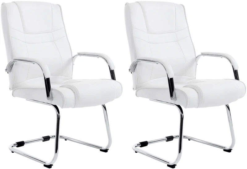 Lot de 2 fauteuils de bureau sans roulettes accoudoirs chaise visiteur charge maximale 180 kg en PVC blanc cadre en métal 10_0008325