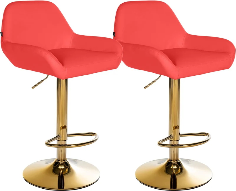 Lot de 2 tabourets de bar repose-pieds en forme d'arc en métal doré assise en PVC rouge TDB10799