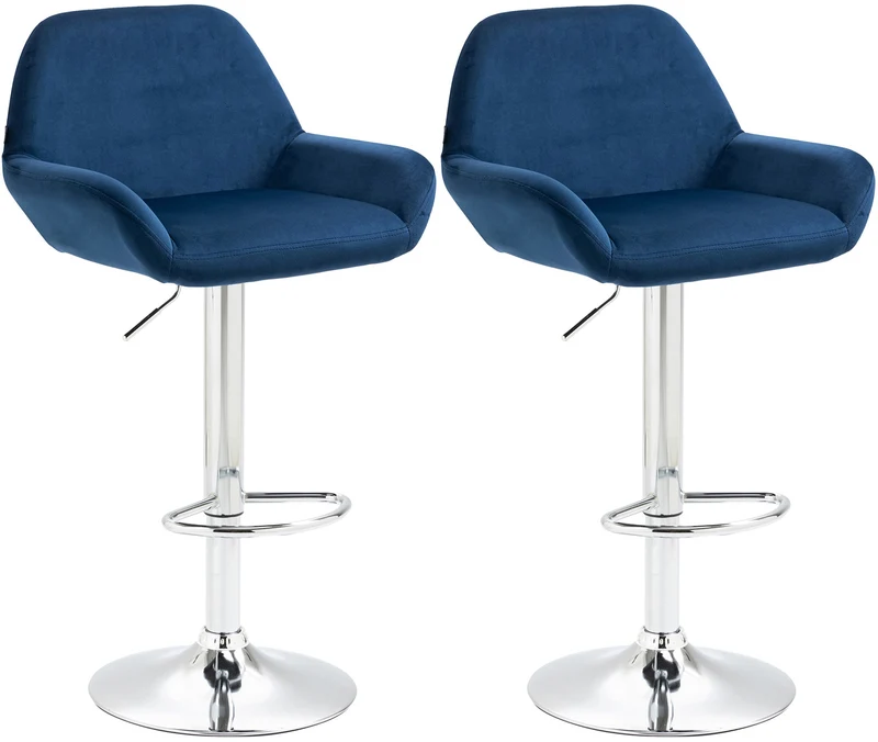 Lot de 2 tabourets de bar repose-pieds en forme d'arc en métal chromé assise en velours bleu TDB10788