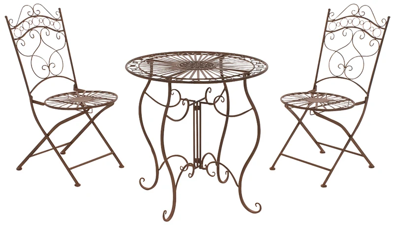 Ensemble meubles de jardin avec 1 table et 2 chaises style rustique en métal marron vieilli 10_0002989