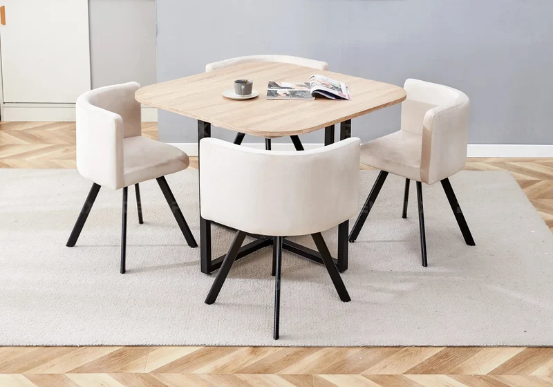 Ensemble table chêne et 4 chaises beige - Space