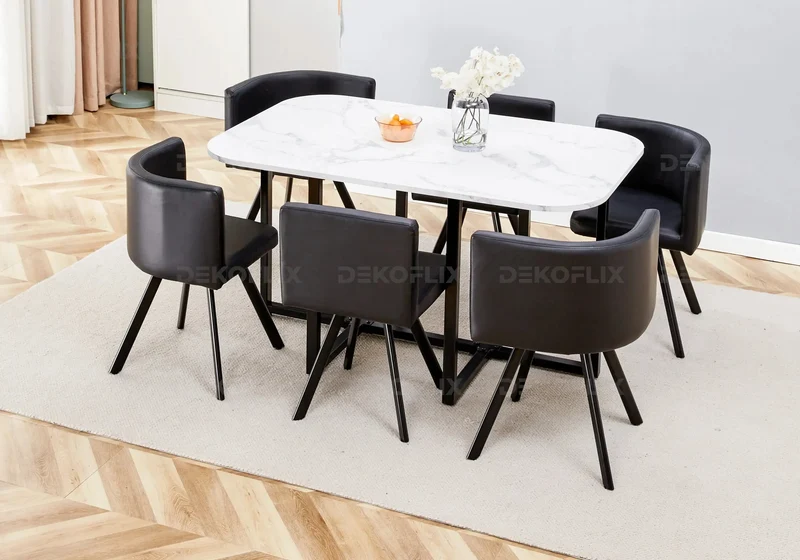 Ensemble table marbre et 6 chaises noir - Space