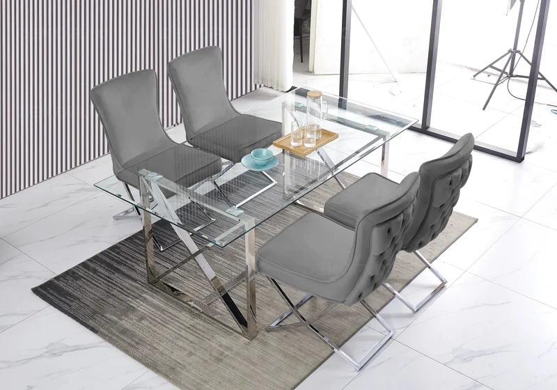 Table verre et 4 chaises velours anthracite argent - Enzo