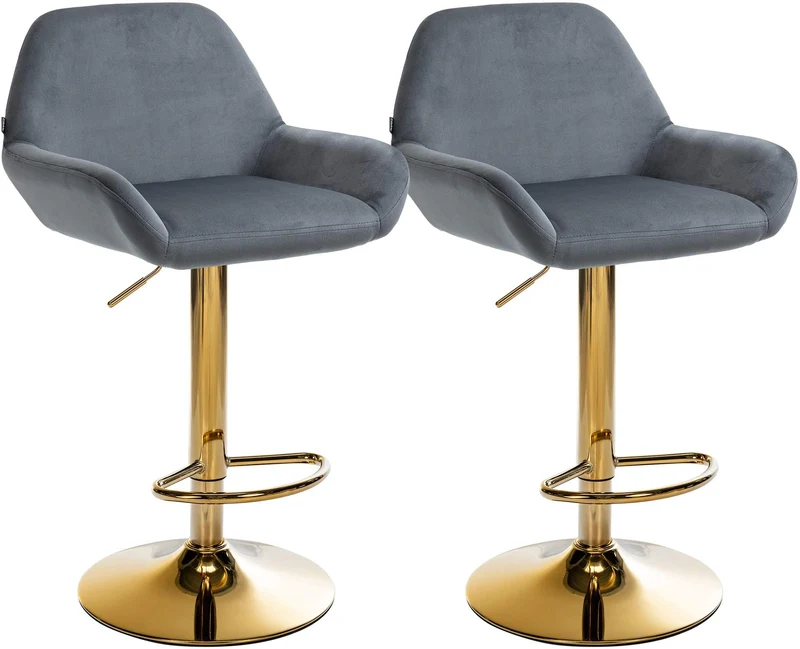 Lot de 2 tabourets de bar repose-pieds intégré revêtement velours gris foncé structure en métal doré TDB10734