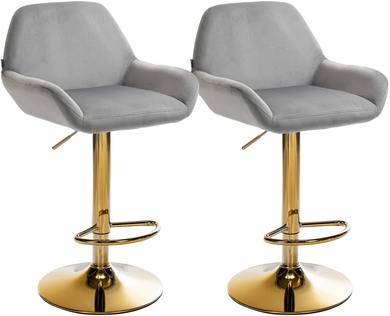 Lot de 2 tabourets de bar repose-pieds intégré revêtement velours gris structure en métal doré TDB10733