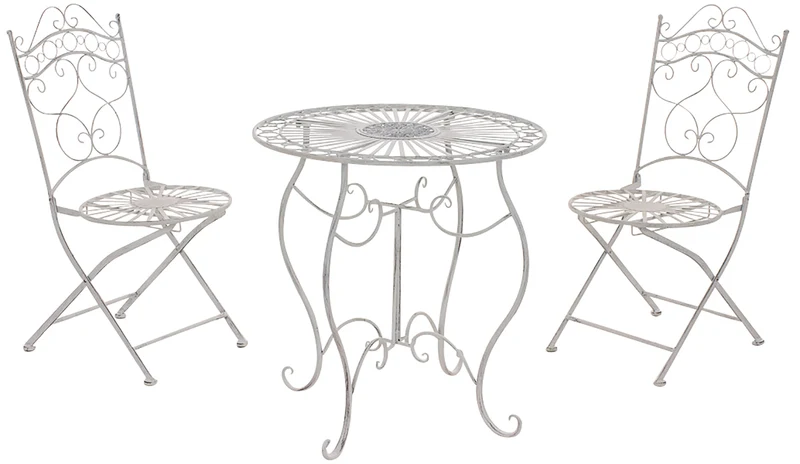 Ensemble meubles de jardin avec 1 table et 2 chaises style rustique en métal blanc vieilli 10_0002987