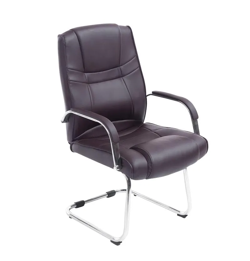 Fauteuil de bureau sans roulettes accoudoirs chaise visiteur charge maximale 180 kg en PVC marron cadre en métal 10_0003248