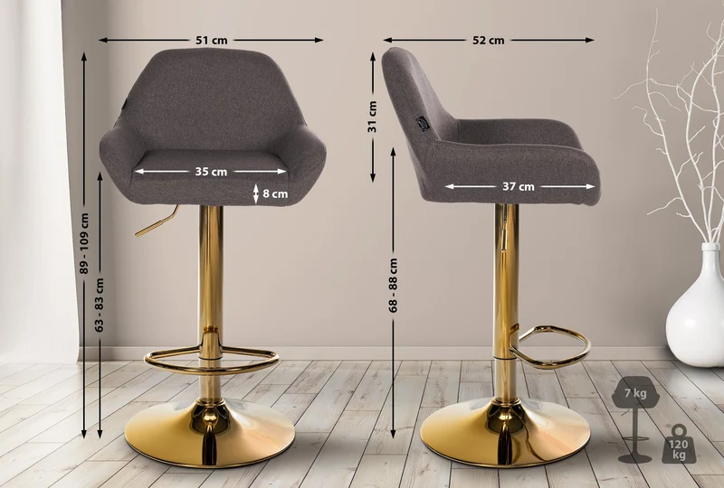 Tabouret de bar x1 avec repose-pieds et dossier bas desig moderne assise en tissu gris foncé cadre métal doré 10_0006148