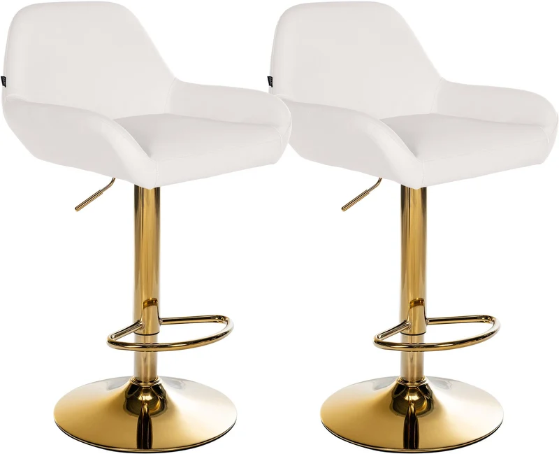 Lot de 2 tabourets de bar repose-pieds en forme d'arc en métal doré assise en PVC blanc TDB10800