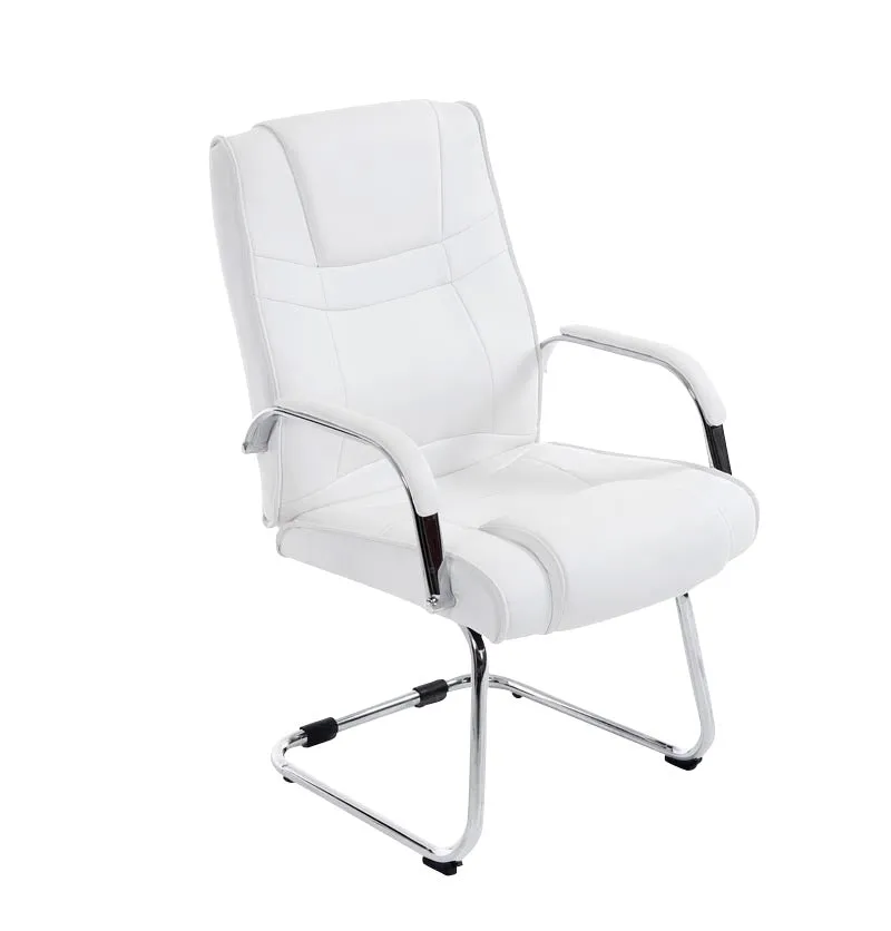 Fauteuil de bureau sans roulettes accoudoirs chaise visiteur charge maximale 180 kg en PVC blanc cadre en métal 10_0003249