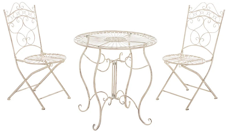 Ensemble meubles de jardin avec 1 table et 2 chaises style rustique en métal crème vieilli 10_0002988