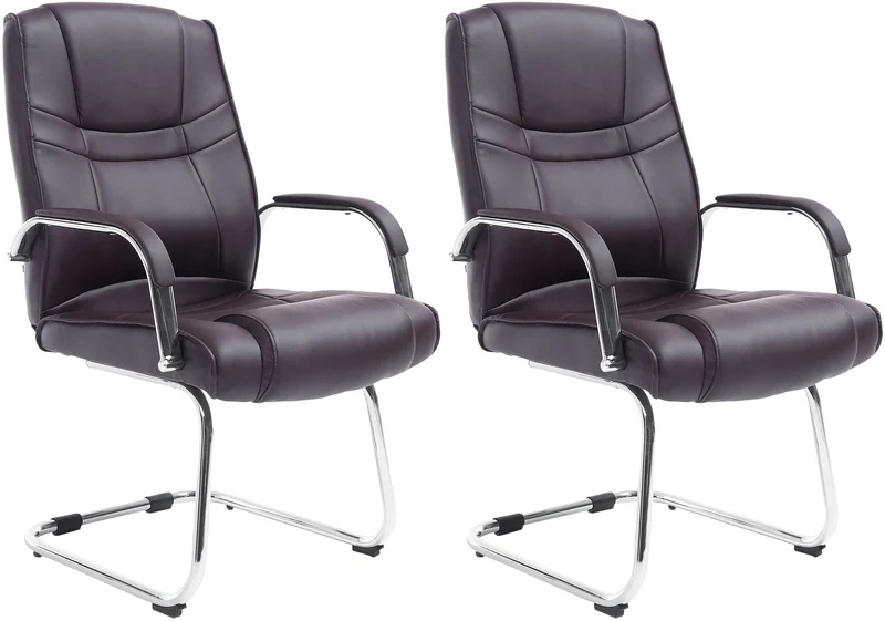 Lot de 2 fauteuils de bureau sans roulettes accoudoirs chaise visiteur charge maximale 180 kg en similicuir marron cadre en métal 10_0008498