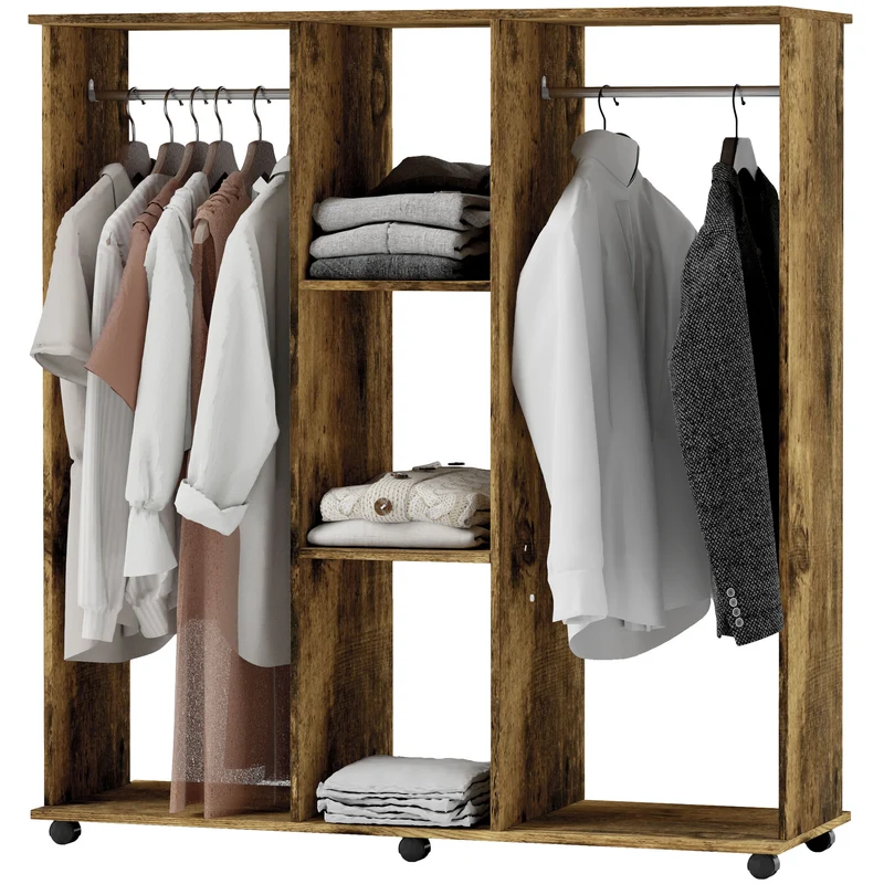 Armoire penderie 120 x 40 x 128 cm grande capacité 6 roulettes moderne contemporain en panneau de particules marron 21_0001426