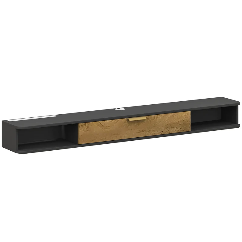 Meuble télévision suspendu 160 x 24 x 16 cm gestion câbles porte abatant rangement discret moderne épuré en MDF gris 21_0003478