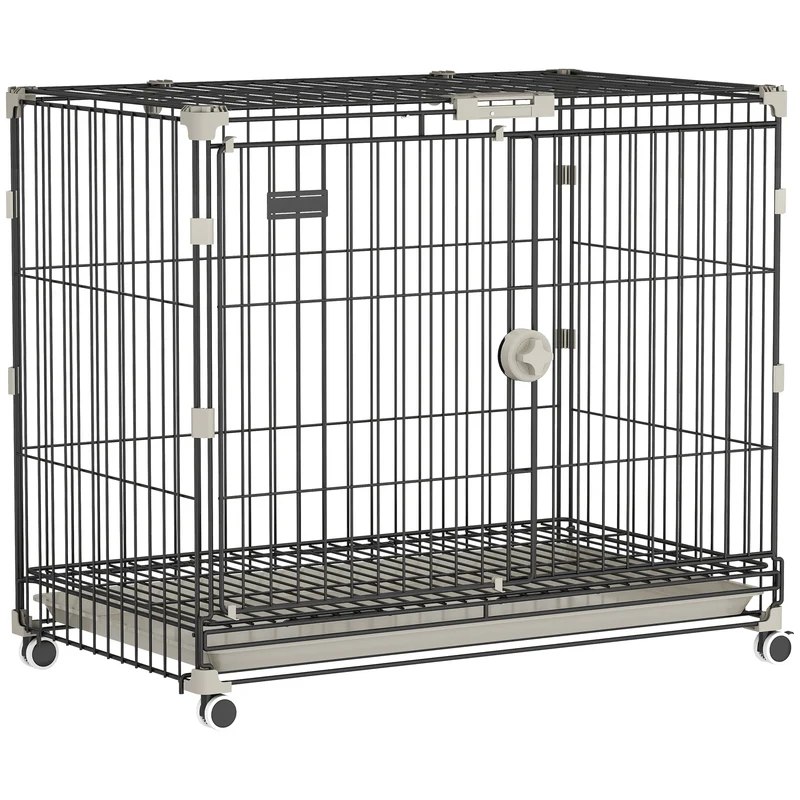 Cage pour chien roulante 75,5 x 46 x 64,5 cm plateau amovible hygiénique roues verrouillables moderne épuré en métal noir 21_0007317