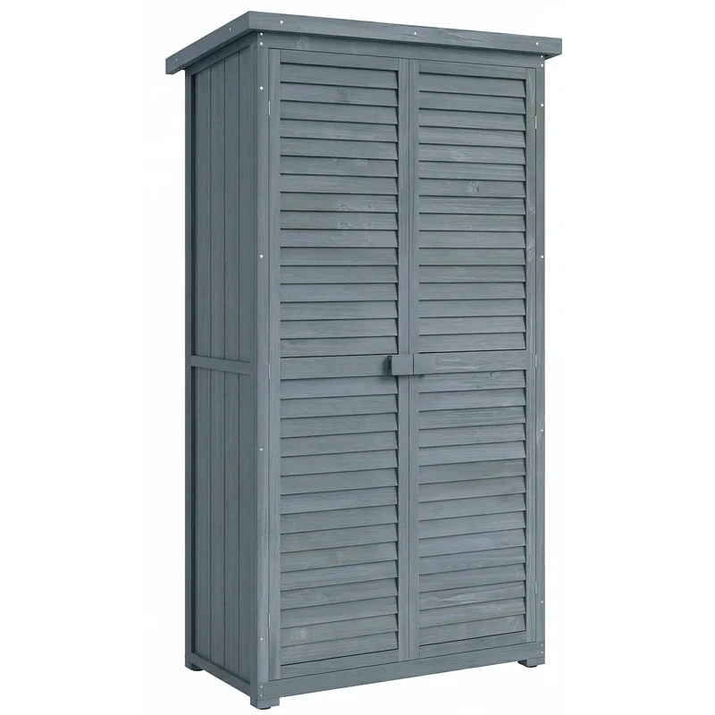 Armoire jardin rangement outils 87 x 46,5 x 160 cm 2 étagères portes persiennes à loquet moderne en bois de sapin gris 21_0004127