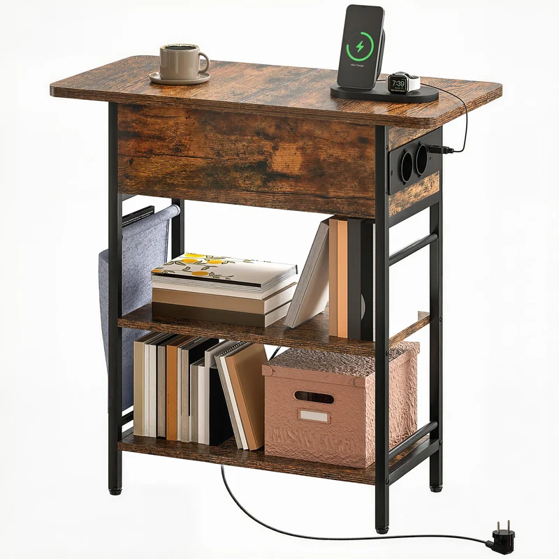 Table d'appoint chevet 60 x 29,8 x 58,5 cm charge intégrée rangement industriel en panneau de particules brun rustique 21_0003518