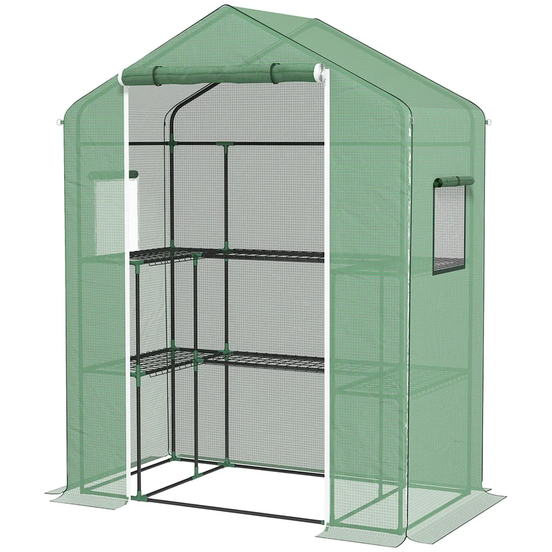 Serre de jardin 140 x 73 x 190 cm porte enroulable étagères réglables protection uv moderne épuré en polyéthylène vert 21_0004341