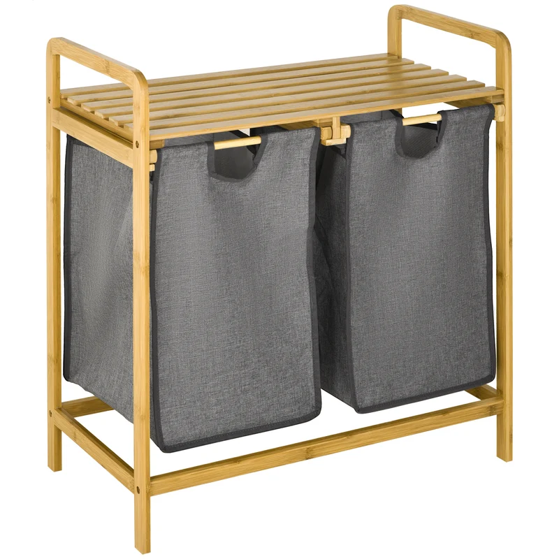 Panier à linge double 63,5 x 33 x 73 cm sacs amovibles coulissants avec étagère scandinave épuré en bambou gris foncé 21_0005837