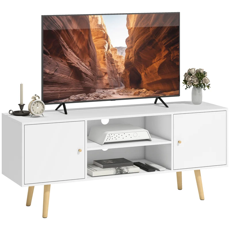 Meuble tv scandinave salon 120 x 34 x 50 cm 2 portes 2 niches passe fils rangement épuré en panneau de particules blanc 21_0003063