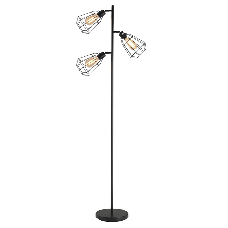 Lampadaire salon 36 x 36 x 165 cm 3 abat-jours cage commutateur au pied finition mate industriel vintage en acier noir 21_0007009