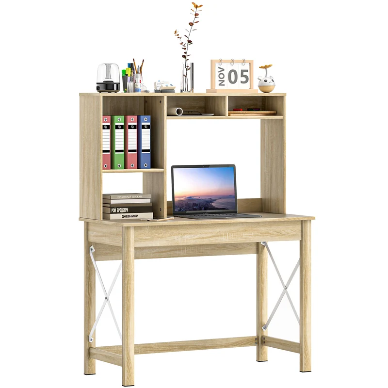 Bureau bibliothèque compact studio 105 x 50 x 137.5 cm rangement grand plateau moderne contemporain épuré en bois chêne 21_0002461