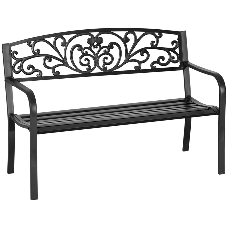 Banc de jardin terrasse 127 x 60 x 87 cm assise confortable dossier arrondi design épuré contemporain en acier noir 21_0003807