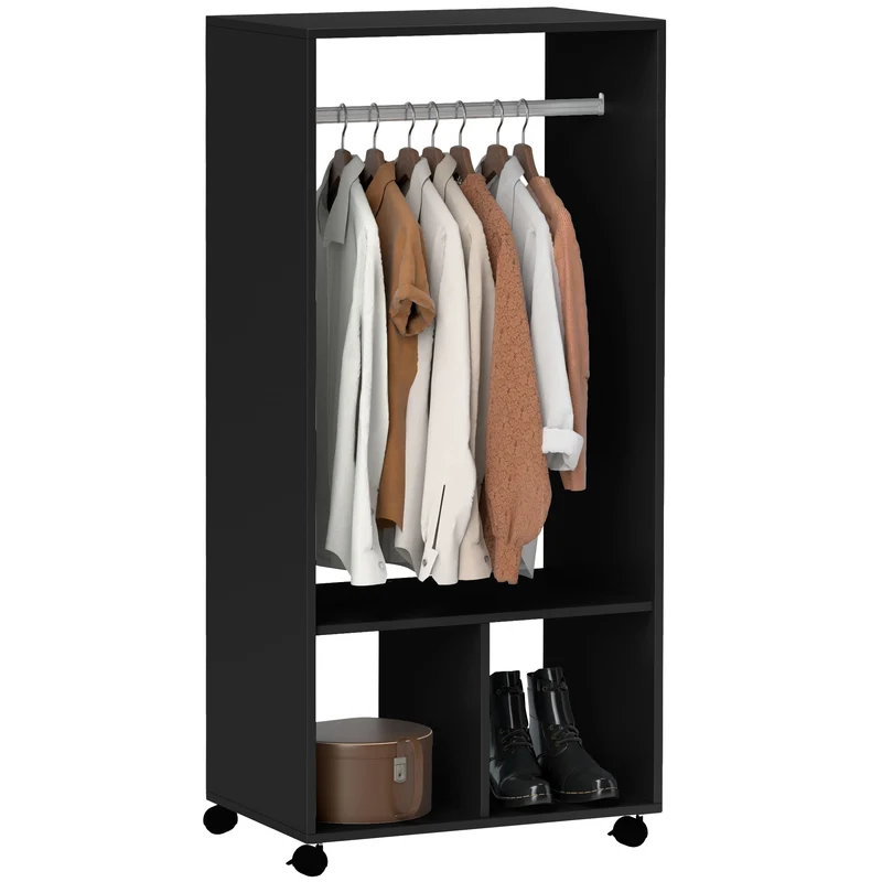Armoire penderie 60 x 40 x 128 cm avec étagère 2 niches roulettes à frein moderne épuré en panneaux de particules noir 21_0001430