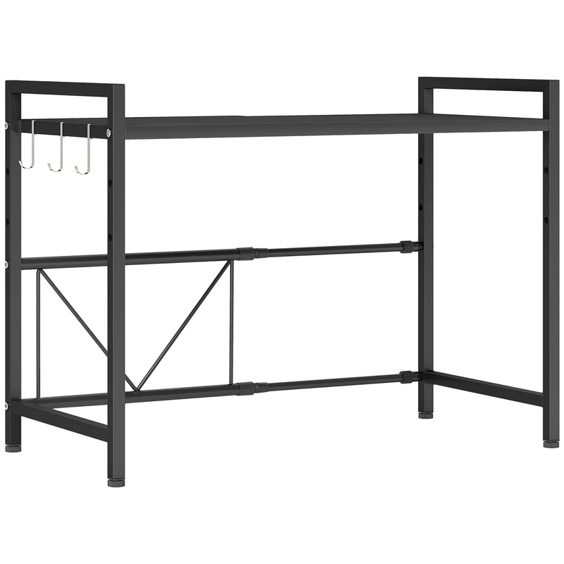 Étagère micro-ondes extensible 39.5-64 x 32 x 47.5 cm gain de place 3 crochets antidérapants épuré cuisine en métal noir 21_0001054