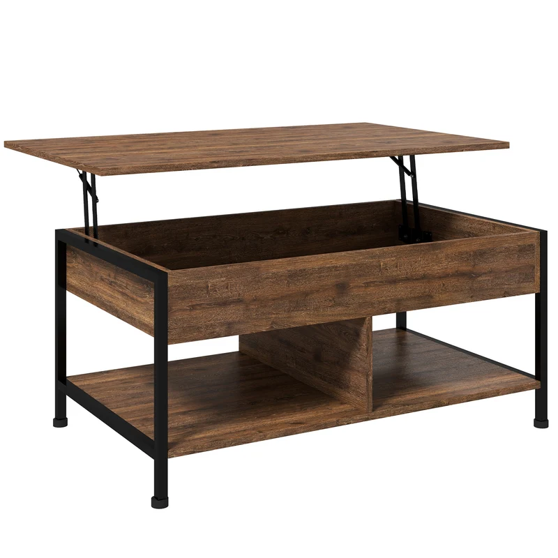 Table basse relevable salon 100 x 80 x 60 cm plateau compartiment caché compact style industriel design en MDF marron 21_0003126