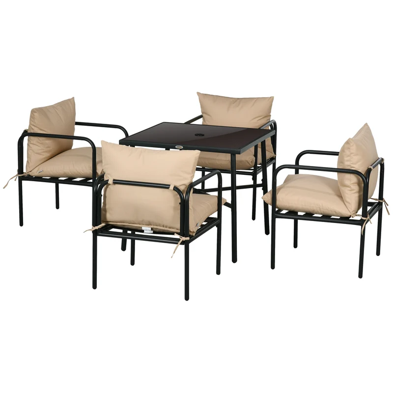 Salon de jardin extérieur 5 pièces table carrée 80 x 80 x 71 cm coussins déperlants design contemporain en acier noir 21_0005198