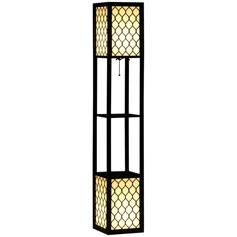 Lampadaire étagère 26 x 26 x 156 cm éclairage et rangement moderne ambiance cosy abat-jour nid d'abeille en MDF noir 21_0007016