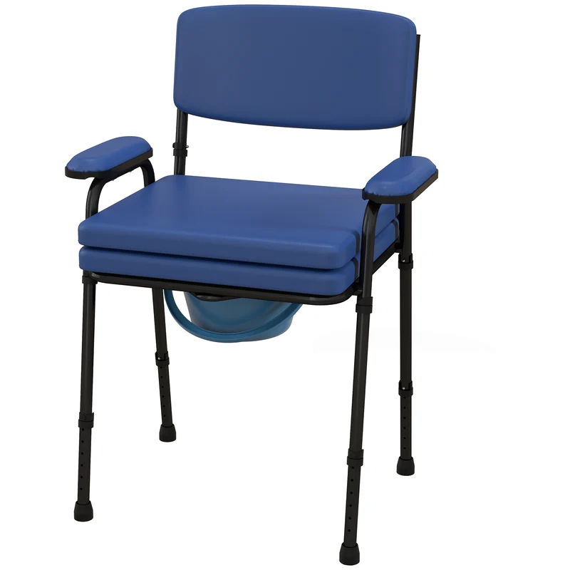 Chaise percée d'aisance 63 x 54 x 86-102 cm seau amovible hauteur réglable dossier rembourré utile moderne en acier bleu 21_0000899