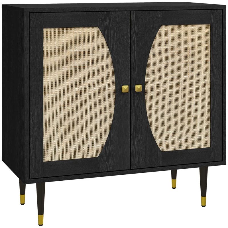 Buffet de cuisine 80 x 38 x 79 cm grand rangement sécurisé façade cannage design vintage en panneau de particules noir 21_0003165