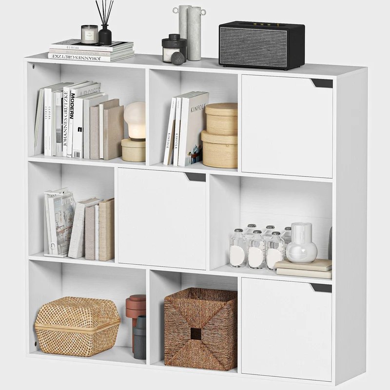 Bibliothèque de rangement 106 x 24 x 95 cm portes magnétiques anti-basculement moderne en panneau de particules blanc 21_0002551