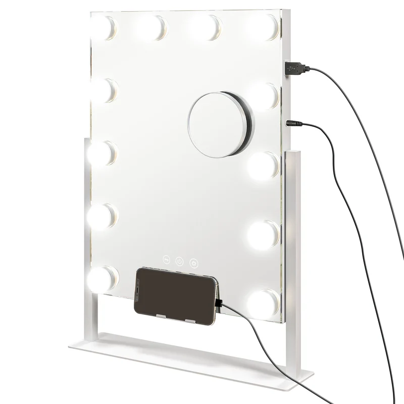 Miroir de maquillage lumineux 36.5 x 8.5 x 45.5 cm luminosité réglable grossissement 10x moderne épuré en verre blanc 21_0000788