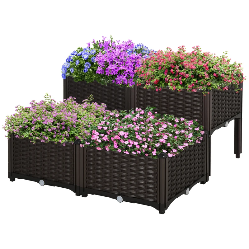 Lot de 4 jardinière sur pieds carré 40 x 40 x 44 cm avec irrigation 2 niveaux pratique balcon moderne en PP chocolat 21_0004133