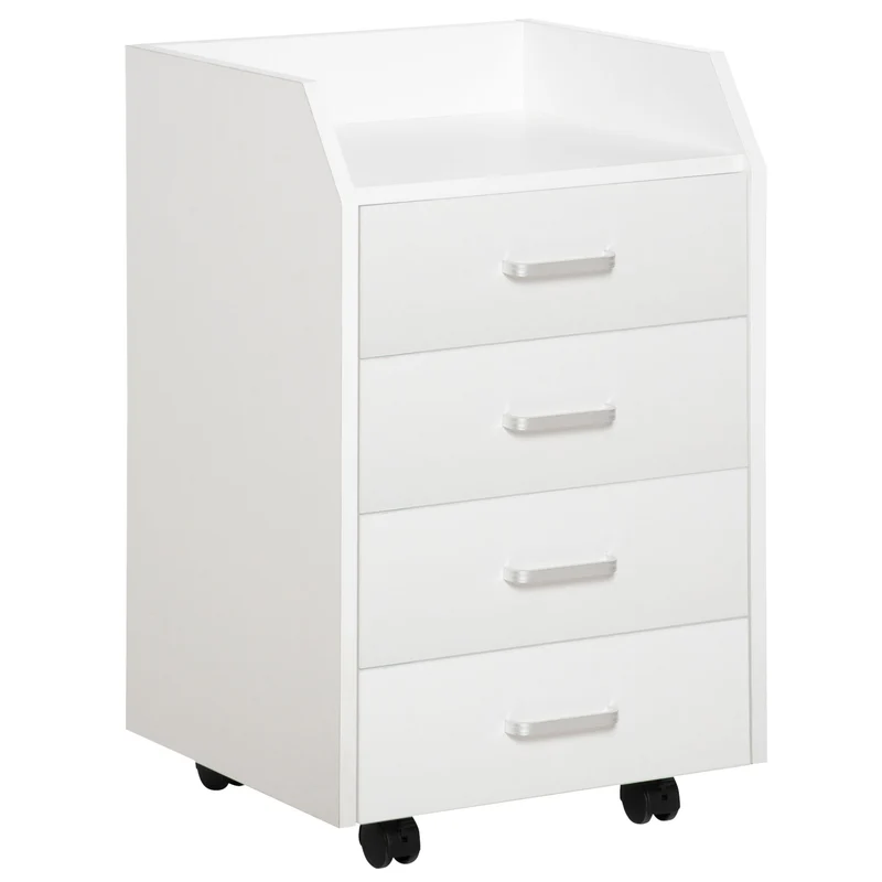 Caisson de bureau sur roulettes 40 x 36 x 65 cm 4 tiroirs montage facile poignées aluminium moderne épuré en MDF blanc 21_0006386